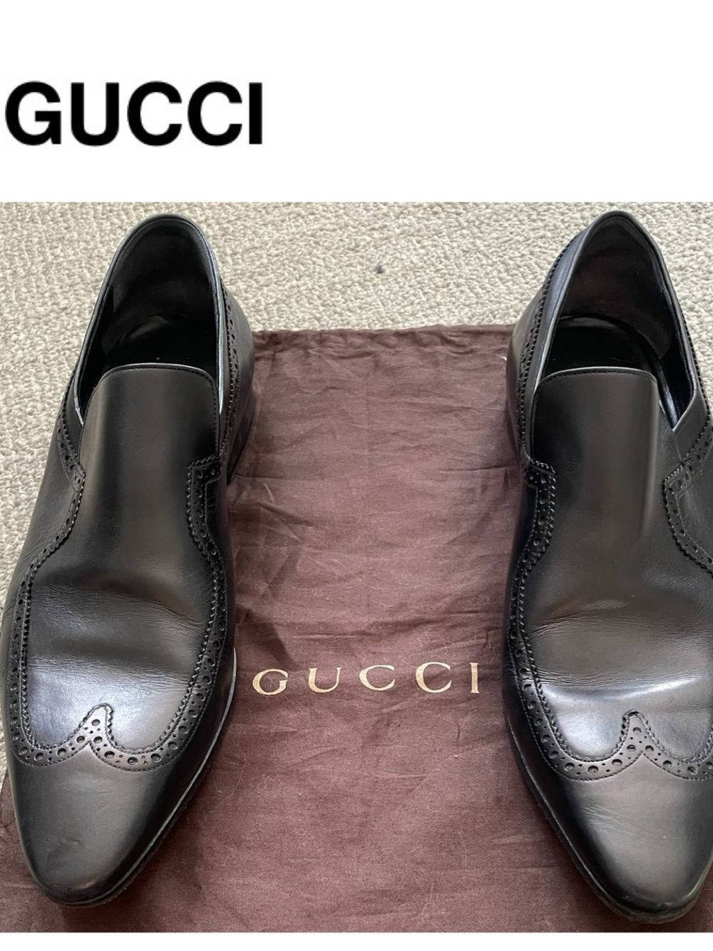 GUCCI Mens Black Leather Oxford Wingtip Slip-On Loafers
